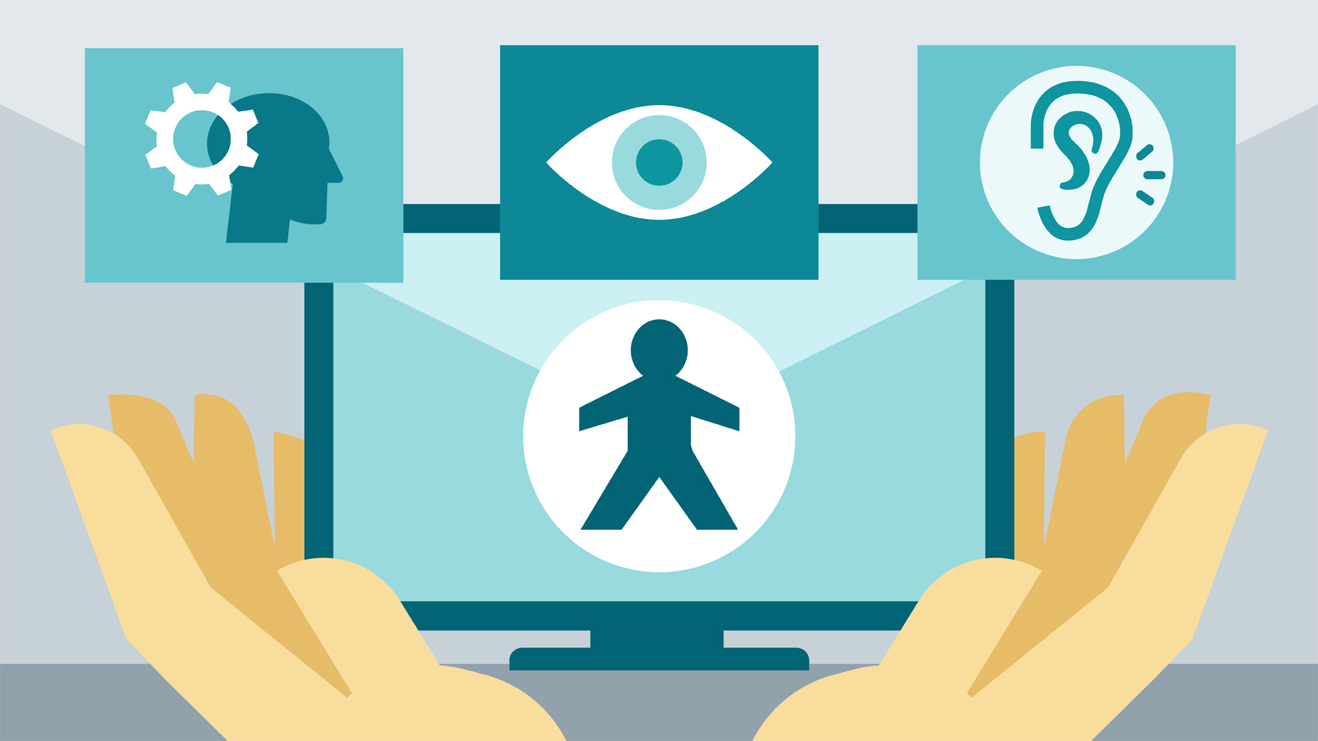 Clip Art of Digital accessibility symbols including neurodiversity, visual impairment, hard of hearing disabilities, and digital accessibility framed with a pair of hands