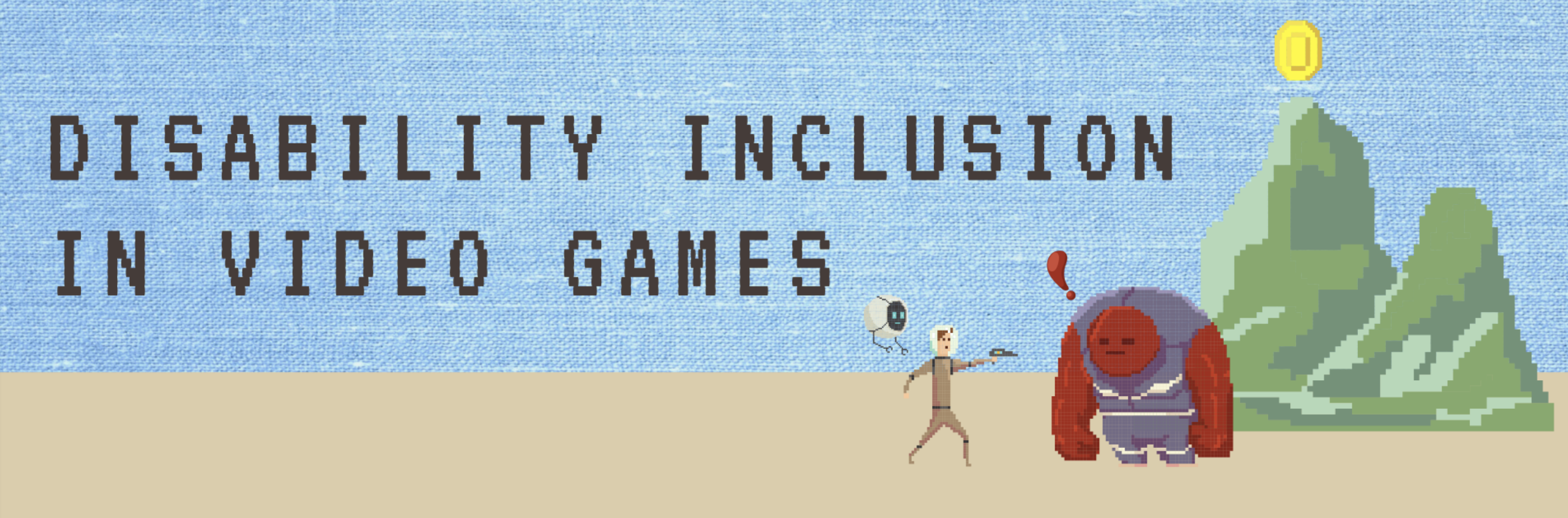 Fabric-like image of video game interface with the title of the article across the front.