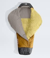 Universal design sleeping bag, laying open from a top view. It is yellow, and gray with two flaps opening up.