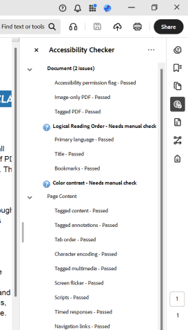 Adobe Acrobat accessibility checker sidebar.