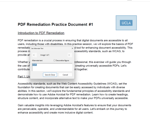 Practice remediation document with a pop-up.