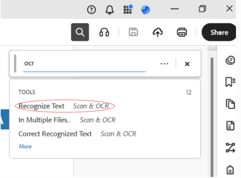 Drop down menu bar with "ocr" typed into the search bar.