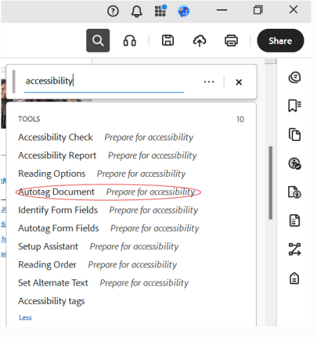 Adobe Acrobat drop down menu with "accessibility" typed into the search bar and "AutoTag Document" circled in red. 