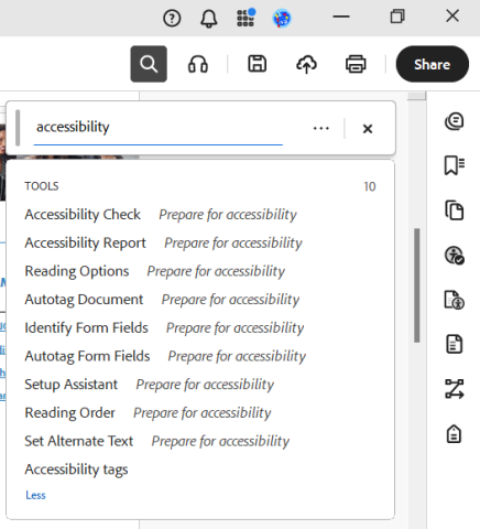 Drop down menu in Adobe Acrobat with "accessibility" written into the search bar.
